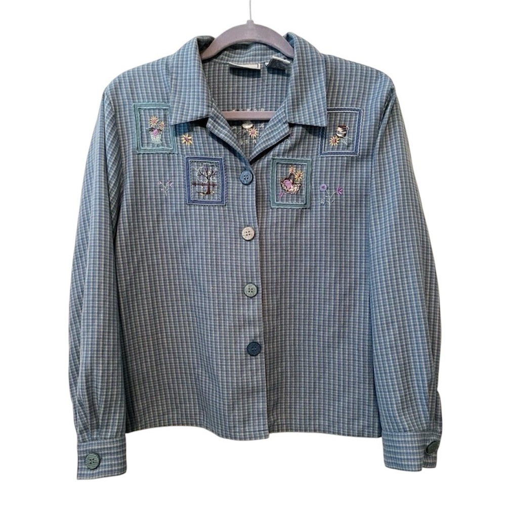 Vintage Granny Core 90s Plant Flower Embroidered Button Down Plaid Shacket
